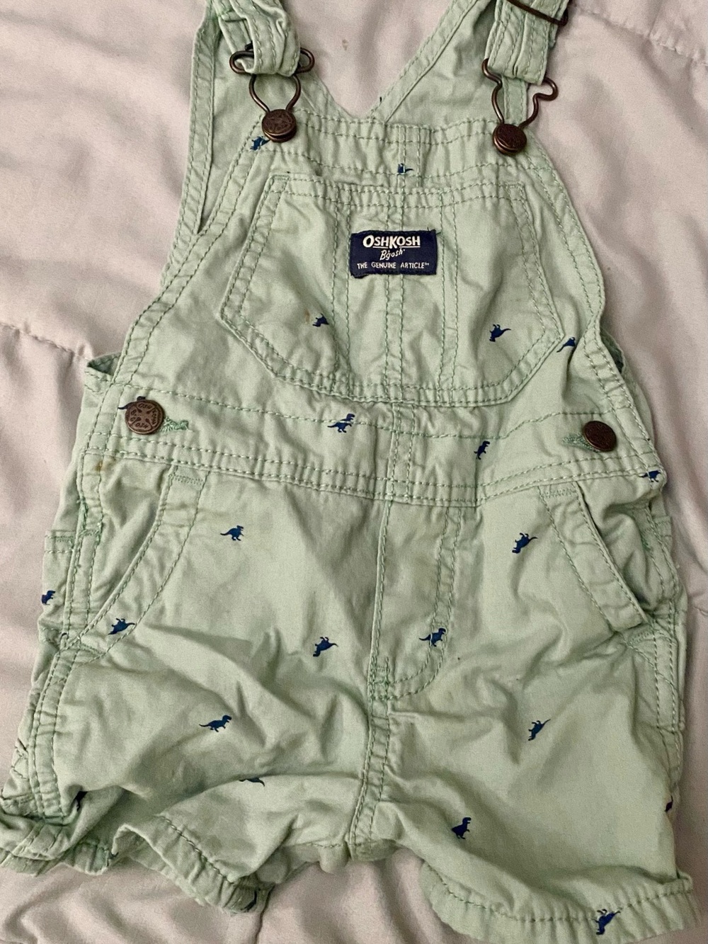OshKosh B'gosh Mint Green Dino Shortalls with Navy Dino Print